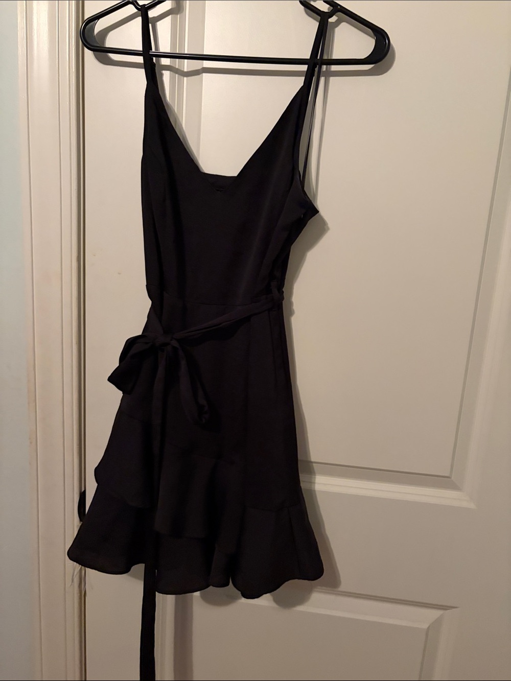 Express Black V-Neck Spaghetti Strap Ruffle-Hem Mini Dress